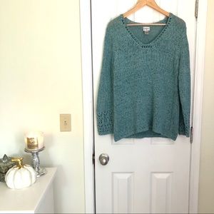 Aqua V-Neck sweater with crochet details